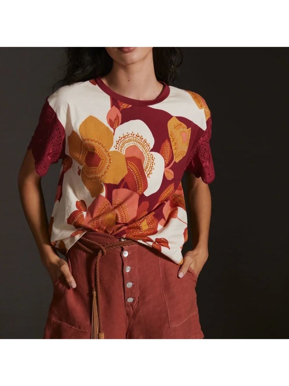 Anthropologie Tiny M Red Floral Eyelet Tee Embroidered Boho Feminine